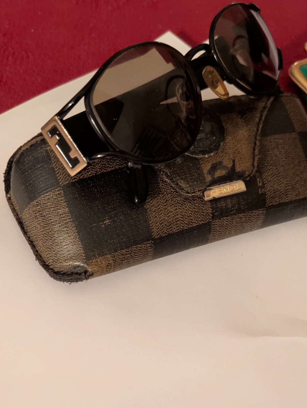 Vintage Fendi Black Round Sunglasses with Brown Checkered Case.